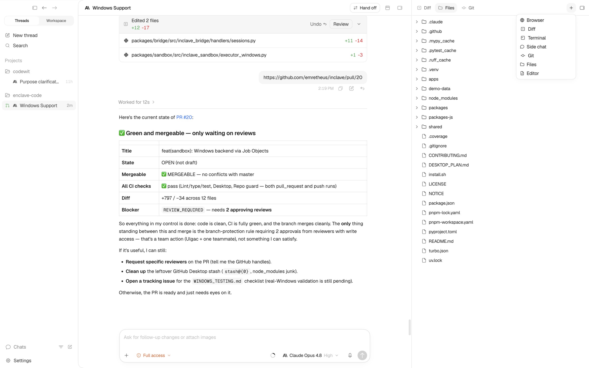 Codewit running multiple coding-agent threads in one workspace
